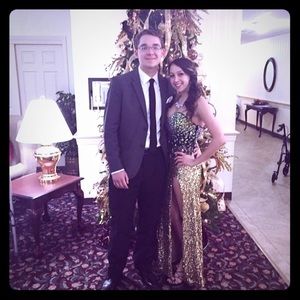 La Femme Iridescent Sequin Prom Dress